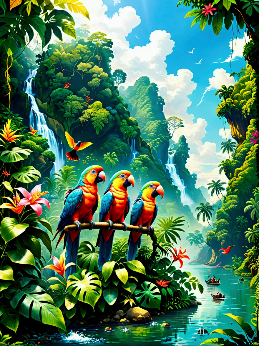 Imagine a colorful jungle adventure scene。(((A man and a woman，Both are explorers.，Searching for treasure in the jungle)))，They are surrounded by lush green foliage and colorful exotic flowers.。A brightly colored parrot perched nearby，Bright blue sky in the background can be seen through the jungle canopy，A fast-flowing river runs through the land，The river water sparkles in the tropical sun，This picture should sum up the excitement and beauty of exploring the tropical jungle.