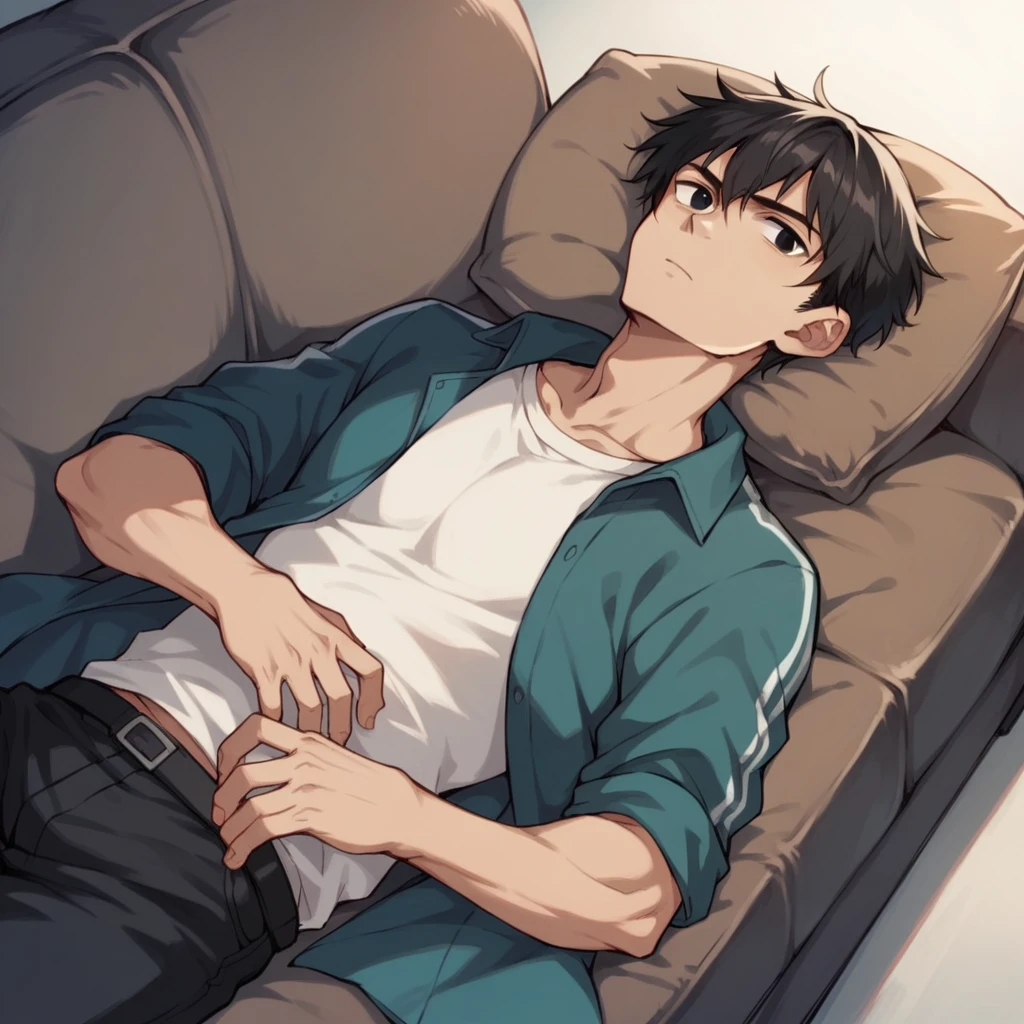Strong Japanese boy , Black short hair, black eyes, Resolute expression, With black casual wear, Lying sideways on white sofa
