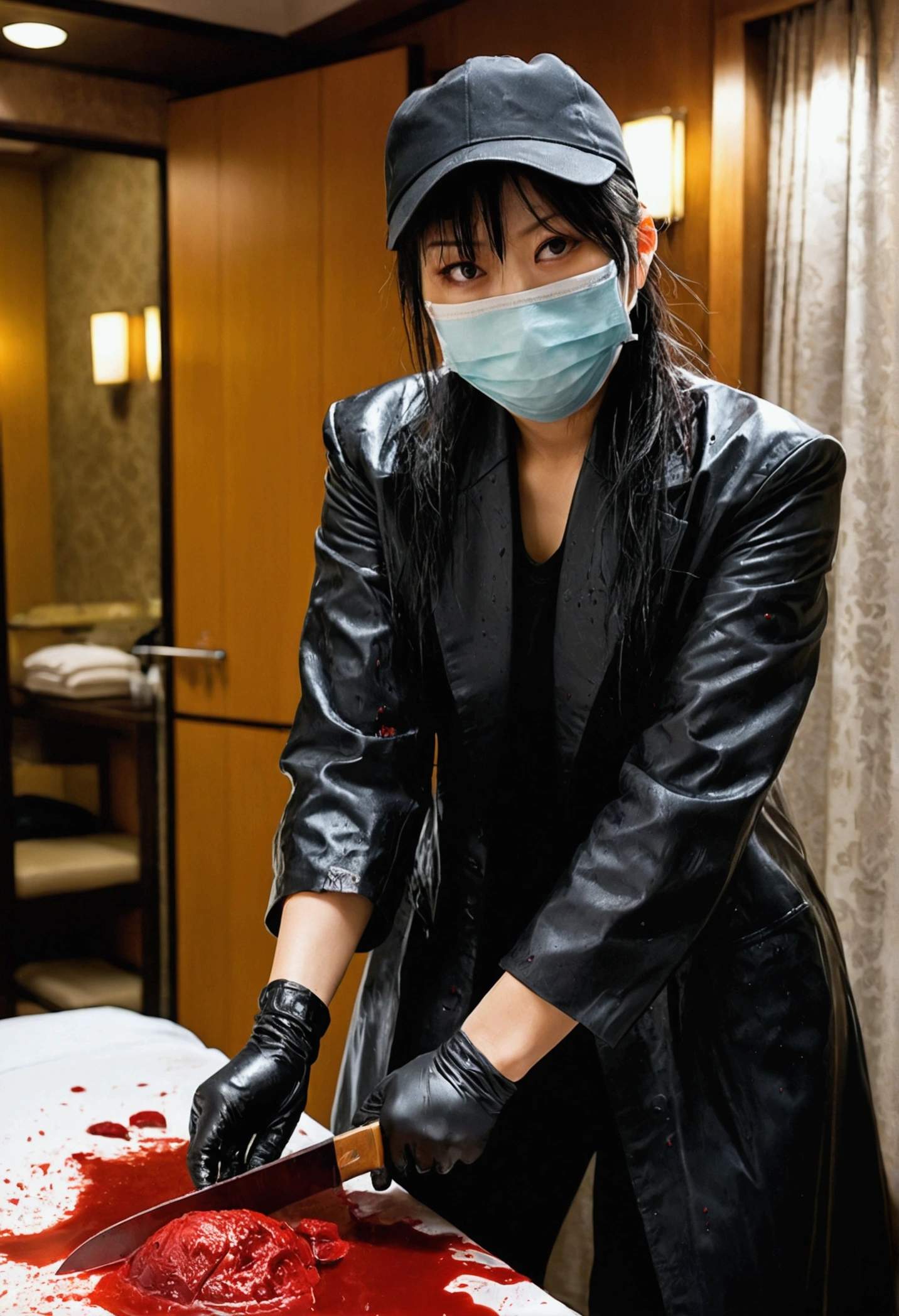 korean girl, (behind corpse, surgical mask), holding knife, stabbing, leather gloves, woman on top, room full of blood, black rain coat, trucker hat, holding knife, black wet suit, leather gloves, behind corpse, blood splatter, long bangs, night, mass murderer, robbery, in the hotel, light from the window
