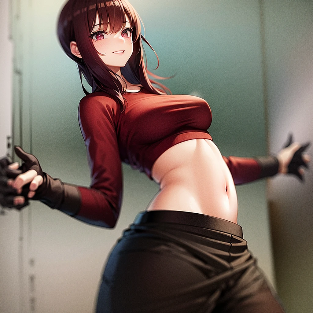 A girl with dark crimson red hair and maroon eyes with a black and red shirt that covers her whole torso and sweatpants and medium sized breasts smiling and a background with volcanoes and fire