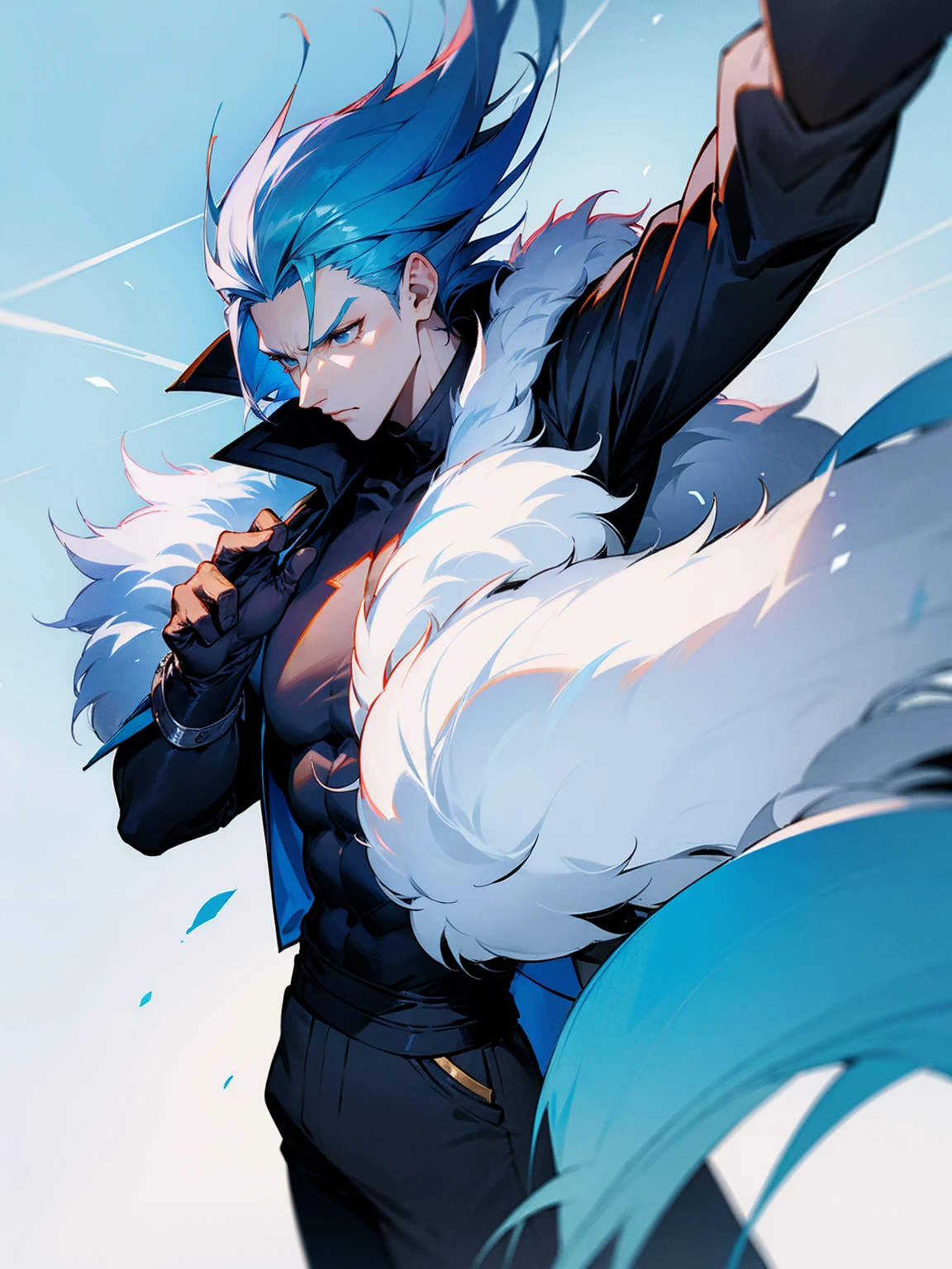 1male, adult, sky blue hair, Vergil hair, fur coat, black sweatpants, tired expression, lean build