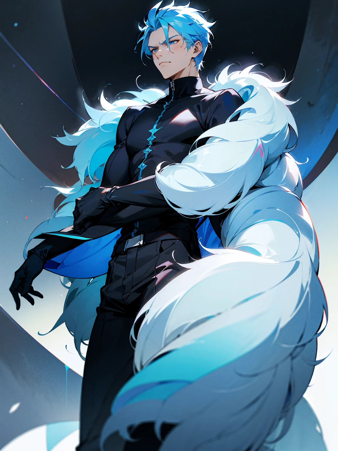 1male, adult, sky blue hair, Vergil hair, fur coat, black sweatpants, tired expression, lean build