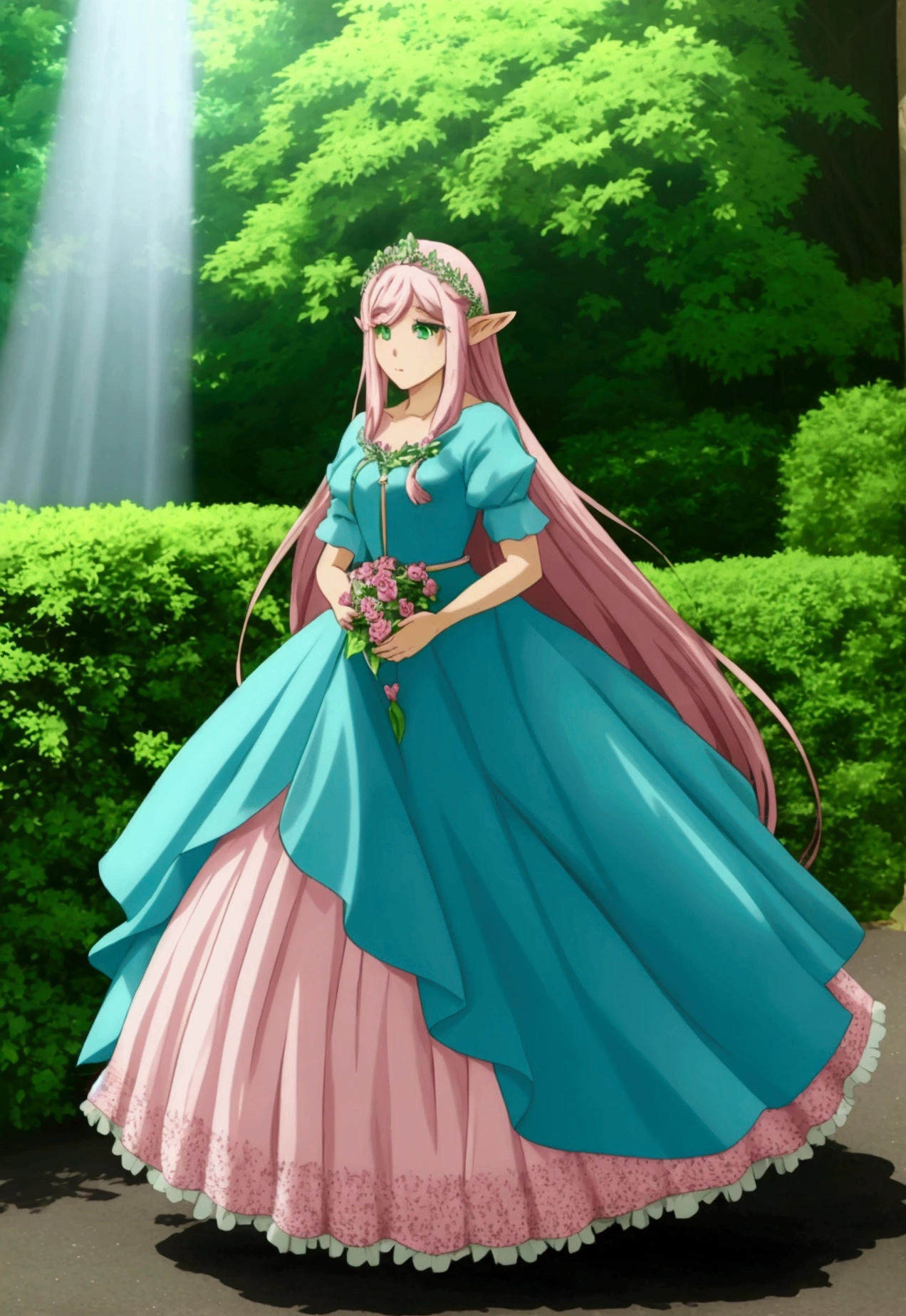 beautiful adult women elf, long pink hair and blue streaks hair, green eyes, with flower crown, puffy ball gown dress. elegant, full body
