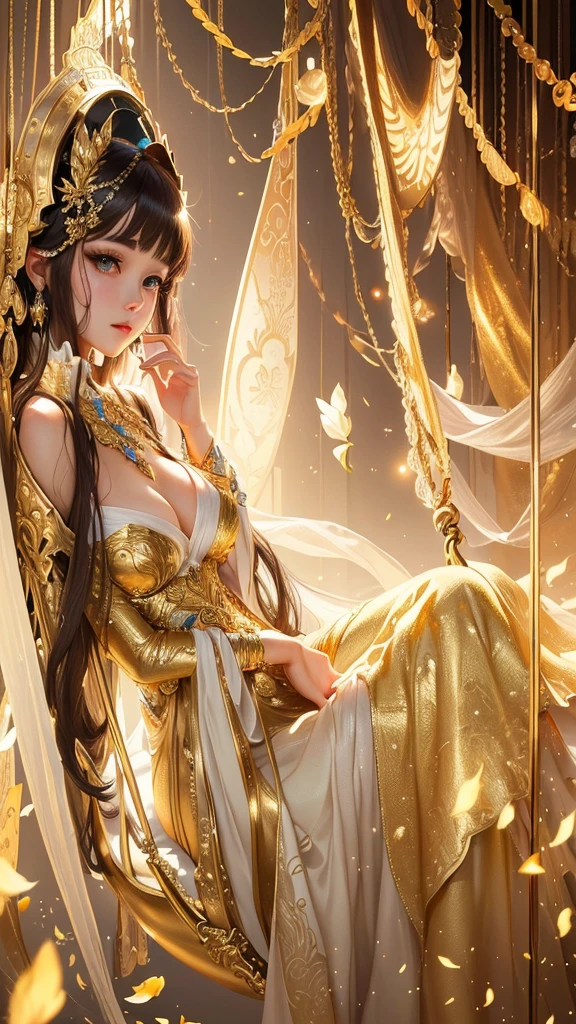 Beautiful girl in a golden dress sitting on a swing, Beautiful Fantasy Empress, Jan J, ((Beautiful Fantasy Empress)), ! Dream Art Germ, Highly detailed art gems, Trending on cgstation, Alphonse Mucha and Rosdrose, Golden lotus princess, Amazing artwork in 8K, Fan Art Best Art Station, Fantasy art style, Victor Wang, Star Fairy