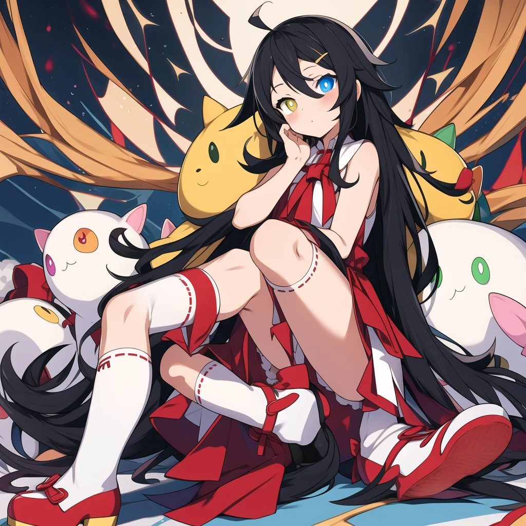 masterpiece, best quality, black hair, ahoge, parted bangs, slit pupils , heterochromia , buruma, highres, very long hair, white kneehighs, shoes , covr, loli,