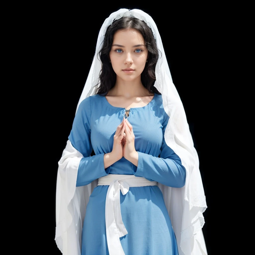 Beautiful woman with light blue eyes, curly black hair, wearing a blue tunic with wide, long sleeves adjusted at the waist by a white sash. Wear a thick white veil.