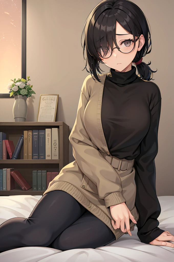 mature woman, hair over one eye, golden eyes, Tomboy, sitting on the ground, black turtleneck sweater, looking at viewer, bed, black short hair with a ponytail, books lying around, bedroom background, round glasses, bags under eyes, tired, reading a book, shy, solo