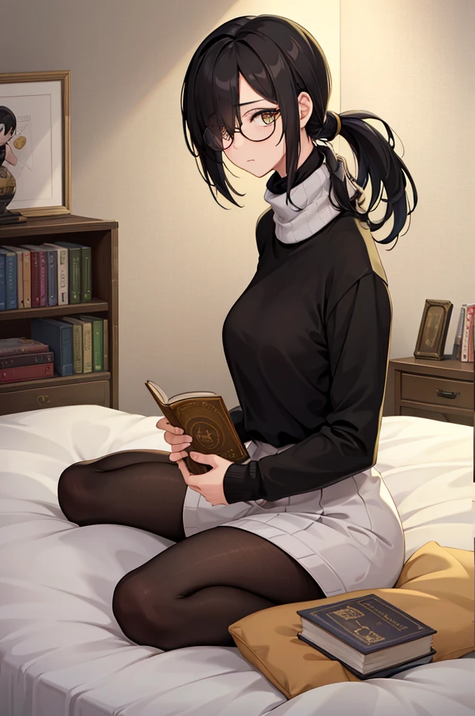 mature woman, hair over one eye, golden eyes, Tomboy, sitting on the ground, black turtleneck sweater, looking at viewer, bed, black short hair with a ponytail, books lying around, bedroom background, round glasses, bags under eyes, tired, reading a book, shy, solo