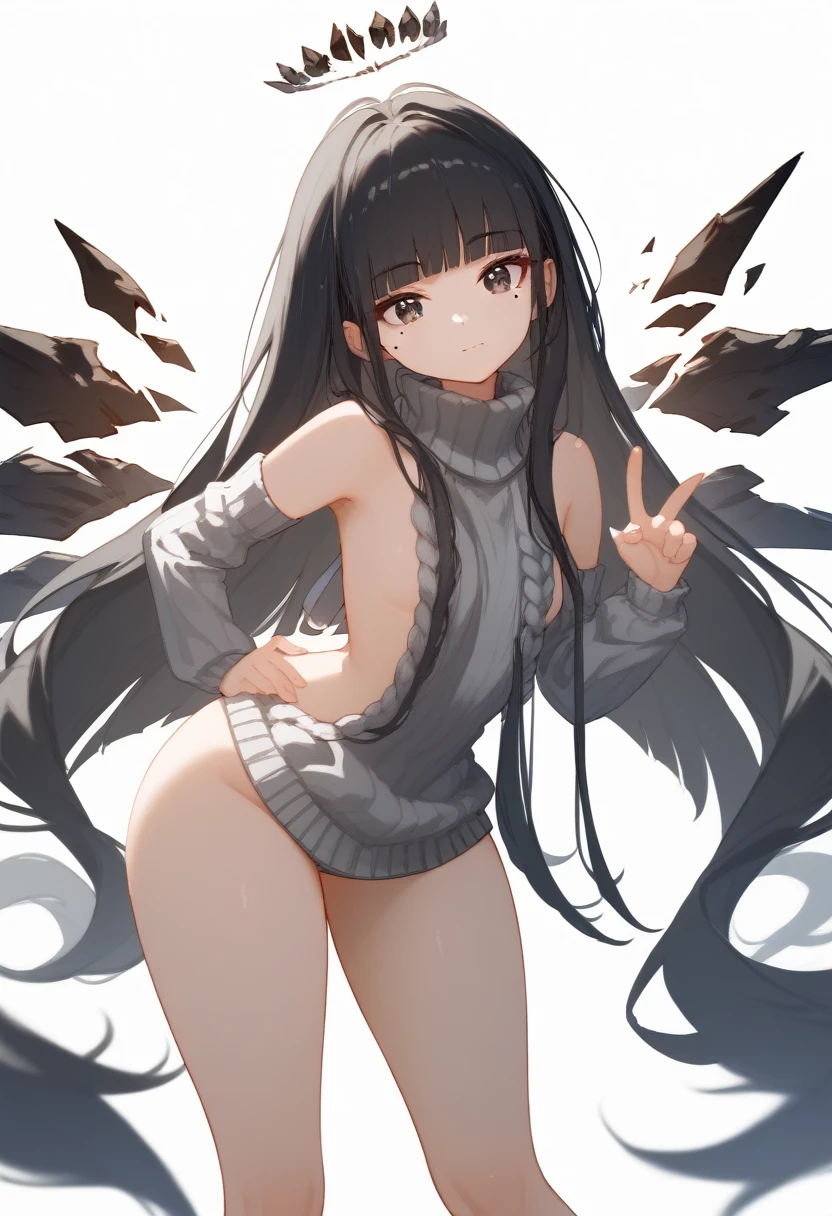 (score_9, score_8_up, score_7_up), 1girl, VirtuosaBase, cute, (chibi:0.7), black hair, blunt bangs, long hair, broken halo, energy wings, black eyes, mole under right eye, small breasts, virgin killer sweater, detached sleeves, gray sweater, single hand victory pose, hand on hip, leaning forward, looking at viewer, upper body, zoom out, white background, huge ass , ass , underboob ,under breasts , thighs , big thighs , thicc thighs , ass , tanding split , standing spilt legs , thighs , side thighs , nude spreading legs , open legs ,