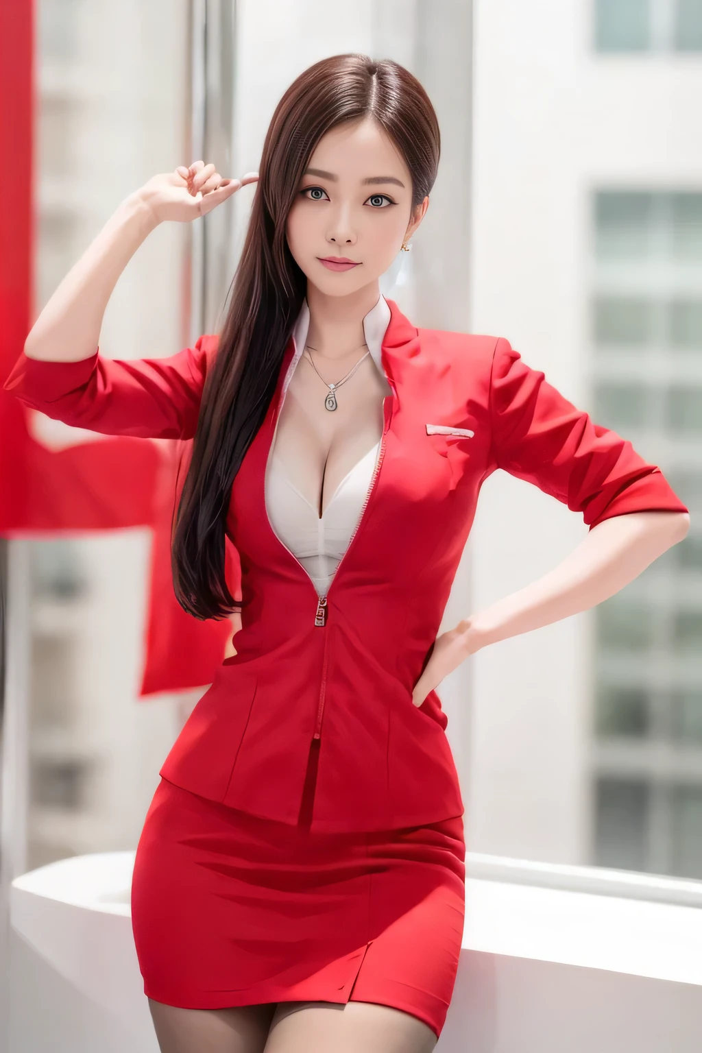 (masterpiece:1.2, Highest quality:1.2), 32k HDR, High resolution, (alone, 1 Girl), (AirAsia stewardess uniform realistic style), A proper woman, Beautiful Face, Brown Hair, (Long hair down to the legs), (Red jacket:1.1, Unzipped jacket, Unbuttoned white shirt:1.05, Red mini skirt:1.1, pantyhose),(Showing big through cleavage in unbuttoned white shirt)、(long hair that reaches down to the legs)、Perfect slim body:1.1, Huge breasts, huge breasts cleavage, Detailed skin texture, Beautiful Eyes, (Attractive look:1.2), necklace、Earrings、(forward leaning posture:1.5), On the roof of a building, Rooftop at daytime,Blue eyes、Hands should be lowered