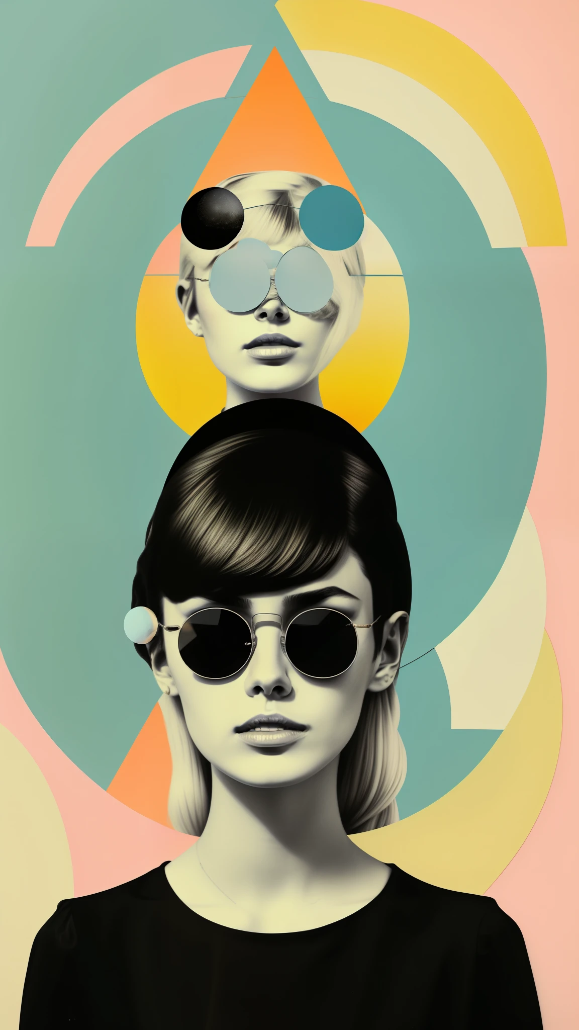 There is a triangle and a crescent moon above his head.、Single blonde European woman wearing sunglasses with green circles on light blue background、One female