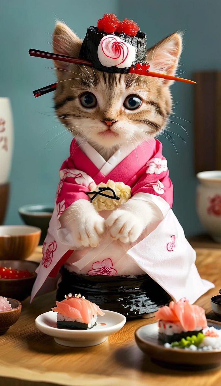 Great quality, Super detailed, Japanese sushi chef kitten making tuna sushi by hand, Wearing a hachimaki on his head, Very detailed
