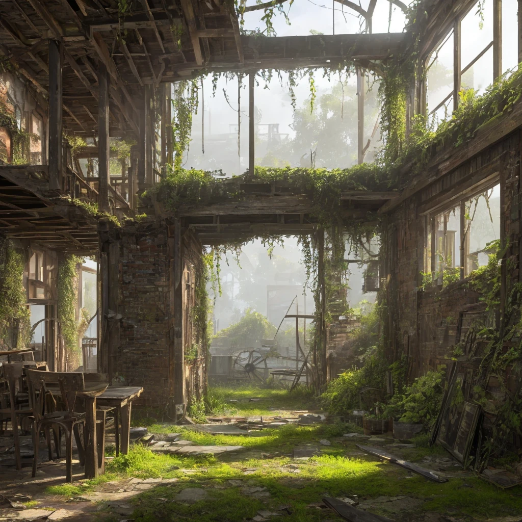 a dilapidated windmill in need of repair, gears and machinery visible, sunlight streaming through broken windows, overgrown vines and moss, detailed weathered wood textures, abandoned and forgotten, (best quality,4k,8k,highres,masterpiece:1.2),ultra-detailed,(realistic,photorealistic,photo-realistic:1.37),intricate gears and mechanisms,decaying wooden structure,natural lighting,overgrown vegetation,industrial,abandoned,moody,cinematic