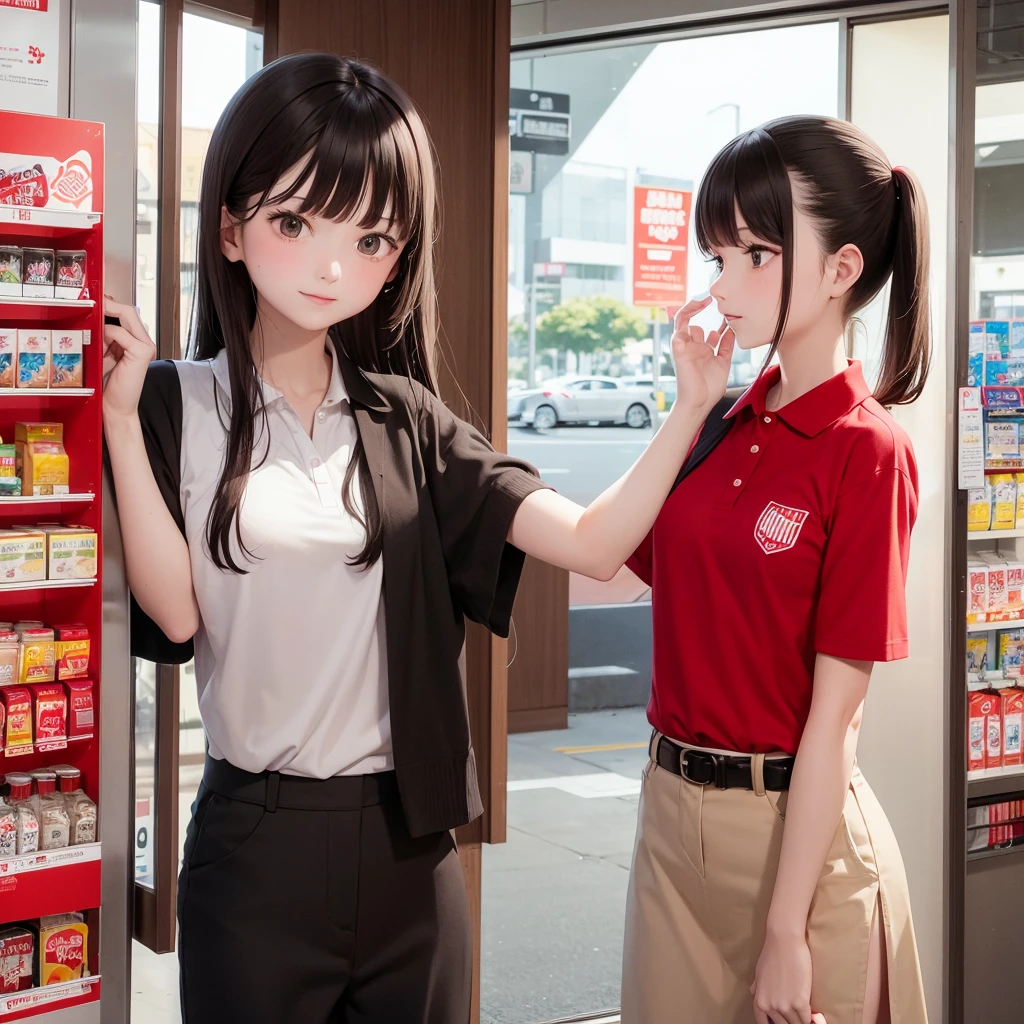 Make a mini mart store with red and white theme and a glass wall. No logo name. A girl employee wearing red polo shirt, long black ponytailed hair,outside the door