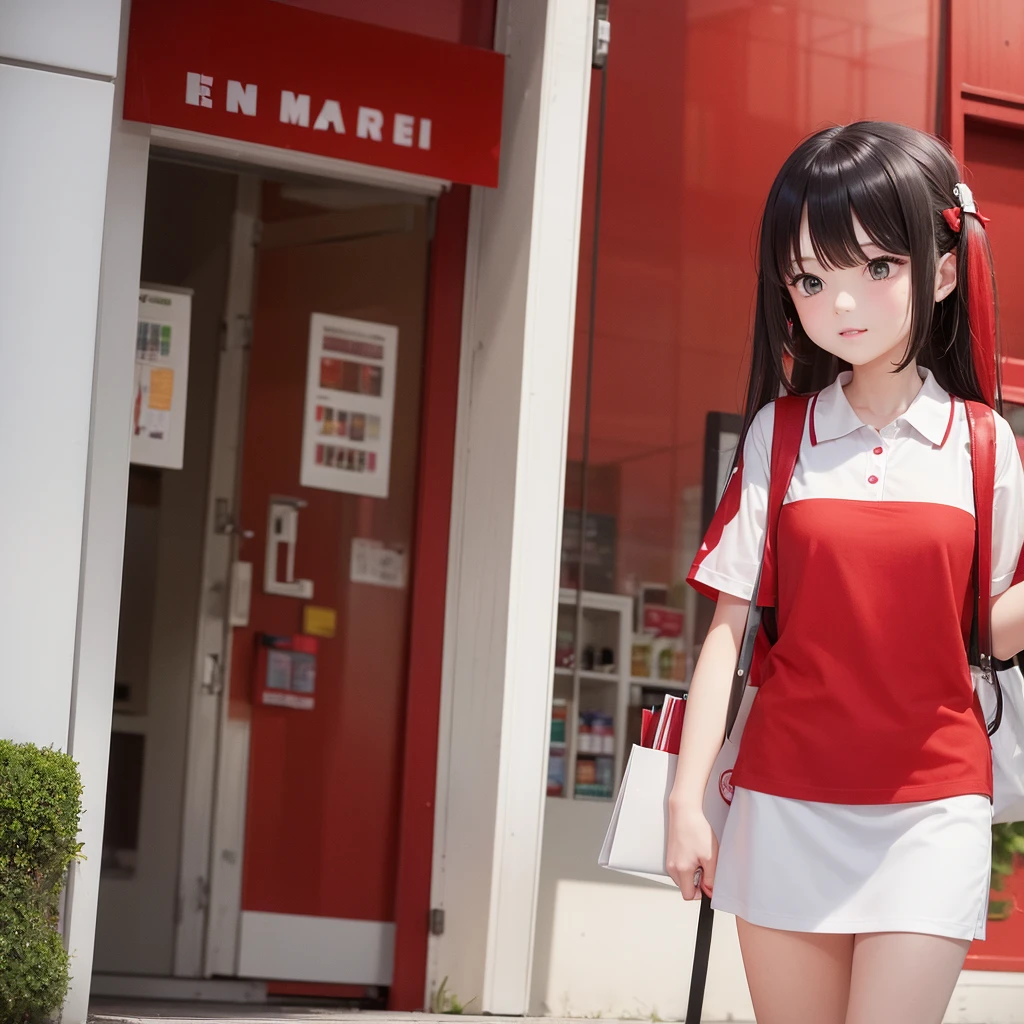 Make a mini mart store with red and white theme and a glass wall. No logo name. A girl employee wearing red polo shirt, long black ponytailed hair,outside the door 