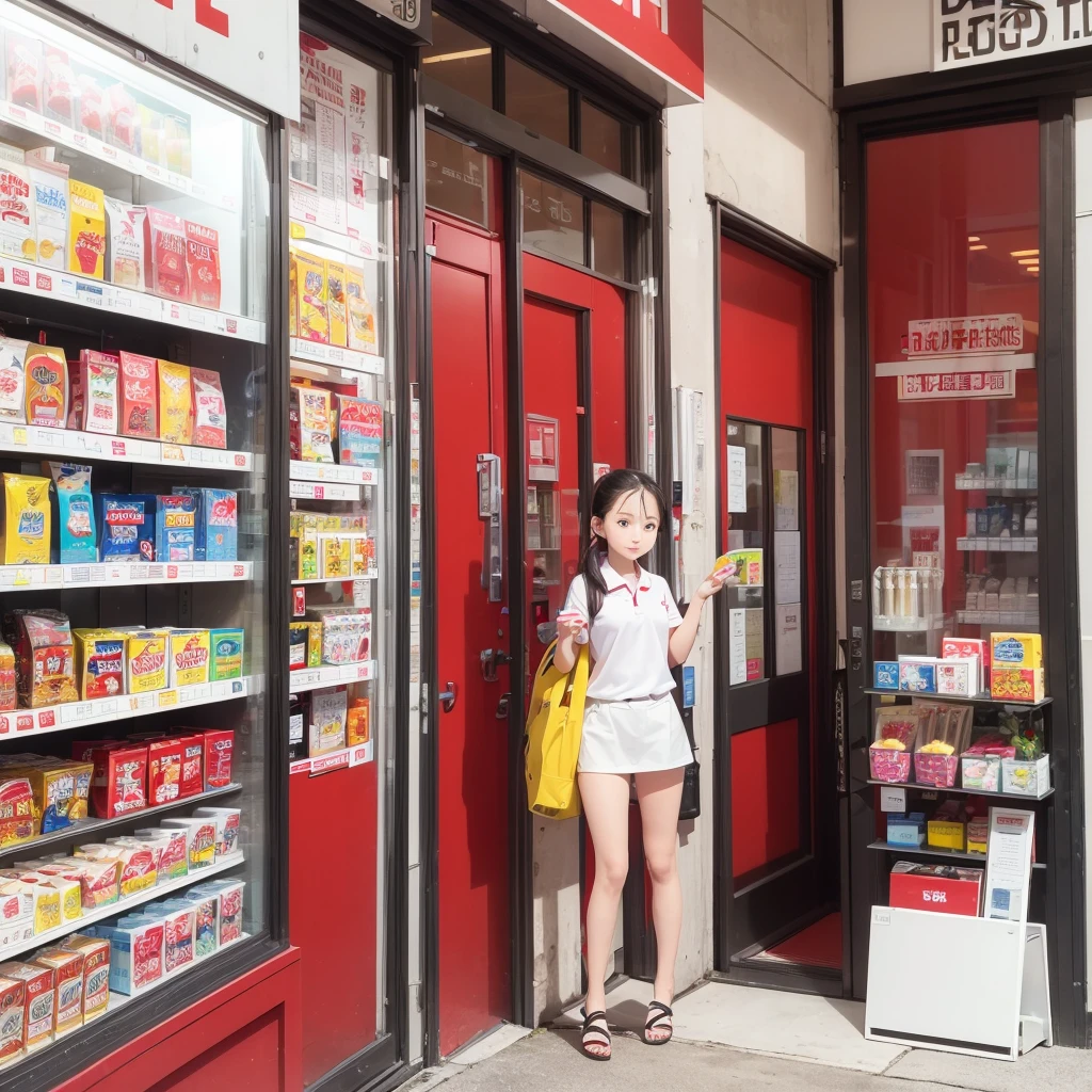 Make a mini mart store with red and white theme and a glass wall. No logo name. A girl employee wearing red polo shirt, long black ponytailed hair,outside the door 