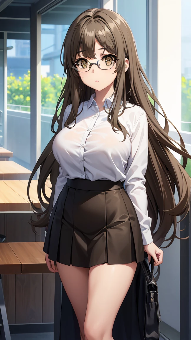 riofutaba, rio futaba, black-framed eyewear, (brown eyes:1.7), glasses, (grey hair:1.2), hair between eyes, over-rim eyewear, semi-rimless eyewear, long hair, sidelocks,
BREAK (casual clothes, (skirt),long sleeves,closed clothes:1.2),
front view detailed body, long belly , Slender body, tight body , thicc, large breast, breast, long thighs, masterpiece, long hair, very long hair, 20yo,Young female,Beautiful Finger,Beautiful long legs,Beautiful body,Beautiful Nose,Beautiful character design, perfect eyes, perfect face,expressive eyes, looking at viewer,(full_body),(Focus on her face), official art,extremely detailed CG unity 8k wallpaper, perfect lighting,Colorful, Bright_Front_face_Lighting,shiny skin, (masterpiece:1.0),(best_quality:1.0), ultra high res,4K,ultra-detailed, photography, 8K, HDR, highres, absurdres:1.2, Kodak portra 400, film grain, blurry background, bokeh:1.2, lens flare, (vibrant_color:1.2) (Beautiful,large_Breasts:1.4), (beautiful_face:1.5),(narrow_waist),