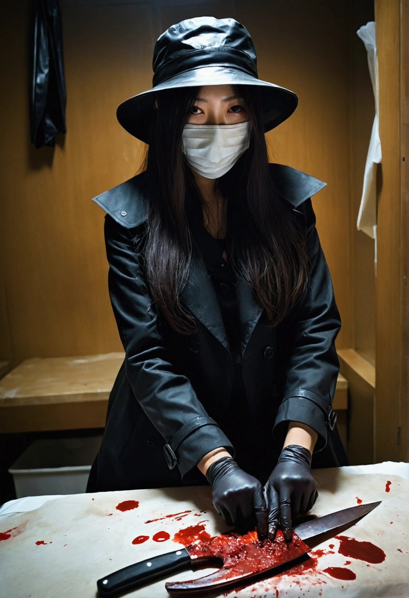 korean beautiful girl, (behind corpse, surgical mask), holding knife, stabbing, black leather gloves, room full of blood, black trench coat, bucket hat, underground, holding knife, black gloves, behind corpse, blood splatter, very long hair, night, mass murderer, robbery, in the hotel, dark atmosphere, cinematic lighting, atmospheric realistic,