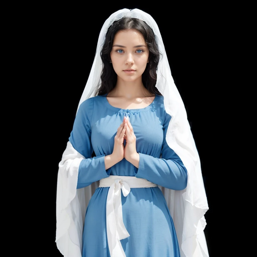 Beautiful woman with light blue eyes, curly black hair, wearing a blue tunic with wide, long sleeves adjusted at the waist by a white sash. Wear a thick white veil.