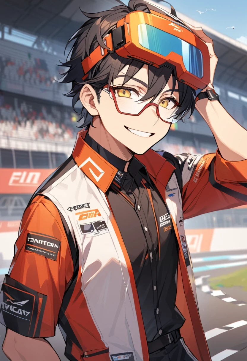 Solo, 1 male, black hair, orange highlights hairs, yellow eyes, safety glasses on the head, race engineer, black shirt, red coat, black pants, smile facial