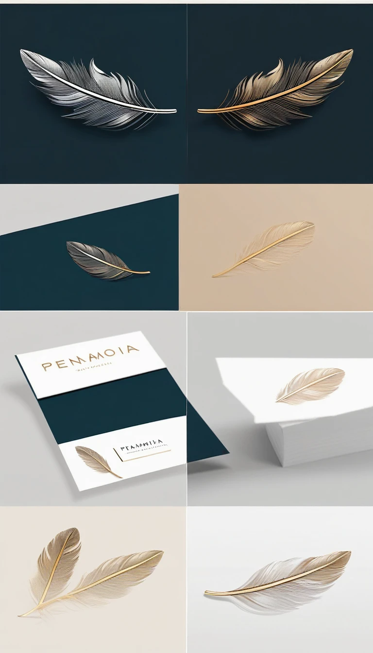 A minimal, modern, simple, poetic, cinematic, dreamy logo design of a fantastic feather for the brand “Penamemoria". Create a modern, minimalistic, high-quality, logo of a feather that convey a sense of memories and dreams.