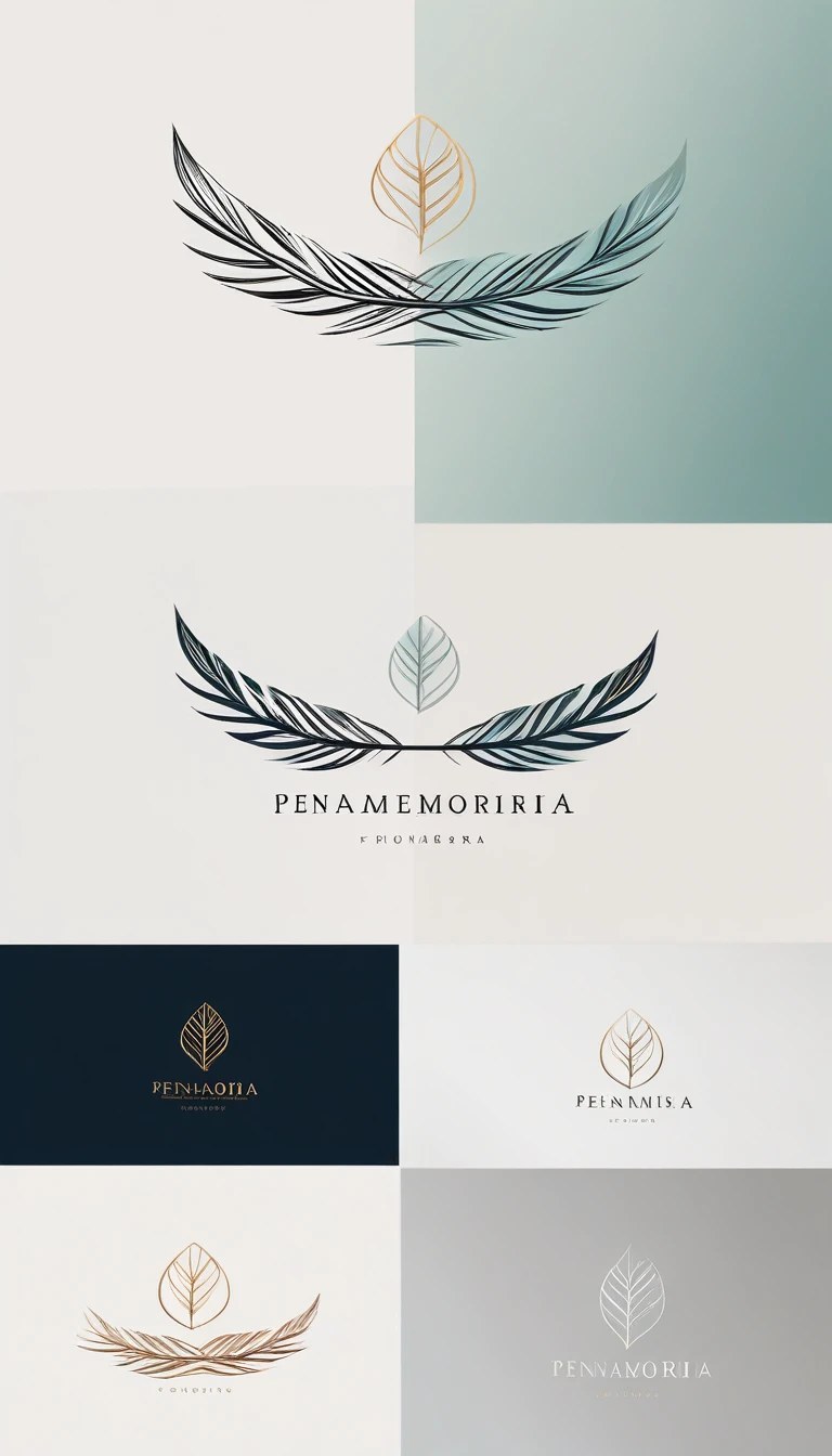 A minimal, modern, simple, poetic, cinematic, dreamy logo design of a fantastic feather for the brand “Penamemoria". Create a modern, minimalistic, high-quality, logo of a feather that convey a sense of memories and dreams.