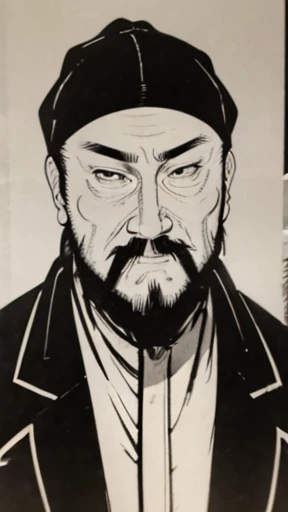 (((Monochrome)))、(((Man in black swimming cap)))、（（chinese man））、（Ink Painting）、Highest quality、masterpiece、Ultra-high resolution、(Realistic:1.4)、Game Poster、The Three Bearded Men of the Kingdom,Oriental、As seen in the Romance of the Three Kingdoms々military commander、Crisp and beautiful image quality ,(Skin of color)、 gloves, Long trousers, (Very detailed, bloom:1.5), (Highest quality, Concept Art, 4K), (analog:1.2), (high sharpness), (Detailed pupil:1.1),, Detailed face and eyes, masterpiece, Highest quality, (Very detailed:1.1), 8k, photoRealistic, (PurerosFace_v1:0.2), [:(Detailed face:1.2):0.2], sharp, Realistic, Realistic Shadow, 