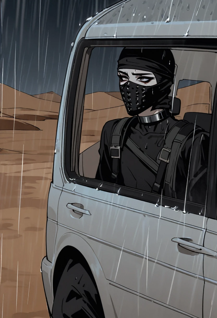 Male arab modern terrorist, terrorist, black balaclava, black bandage, black clothes, thin waist, skinny body, femboy, light skin, makeup, black eyeliner, big eyelashes, black eyeshadow, metal choker, light tanned skin, inside the car, desert, rain, night