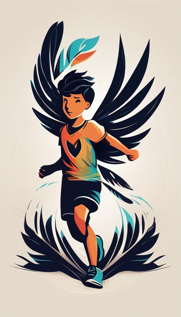 Create a cinematic, abstract symbol for a storytelling production brand based on stories and music called " Penamemoria". The logo should convey a fantasy theme and include the company of a boy and a fantasy bird. Logo design of a running boy with two giant feathers in his hand