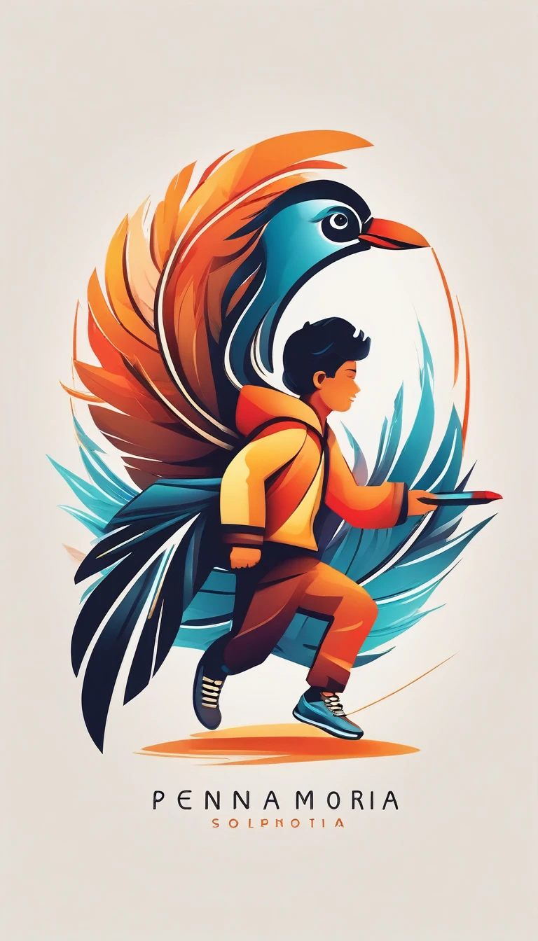 Create a cinematic, abstract symbol for a storytelling production brand based on stories and music called " Penamemoria". The logo should convey a fantasy theme and include the company of a boy and a fantasy bird. Logo design of a running boy with two giant feathers in his hand