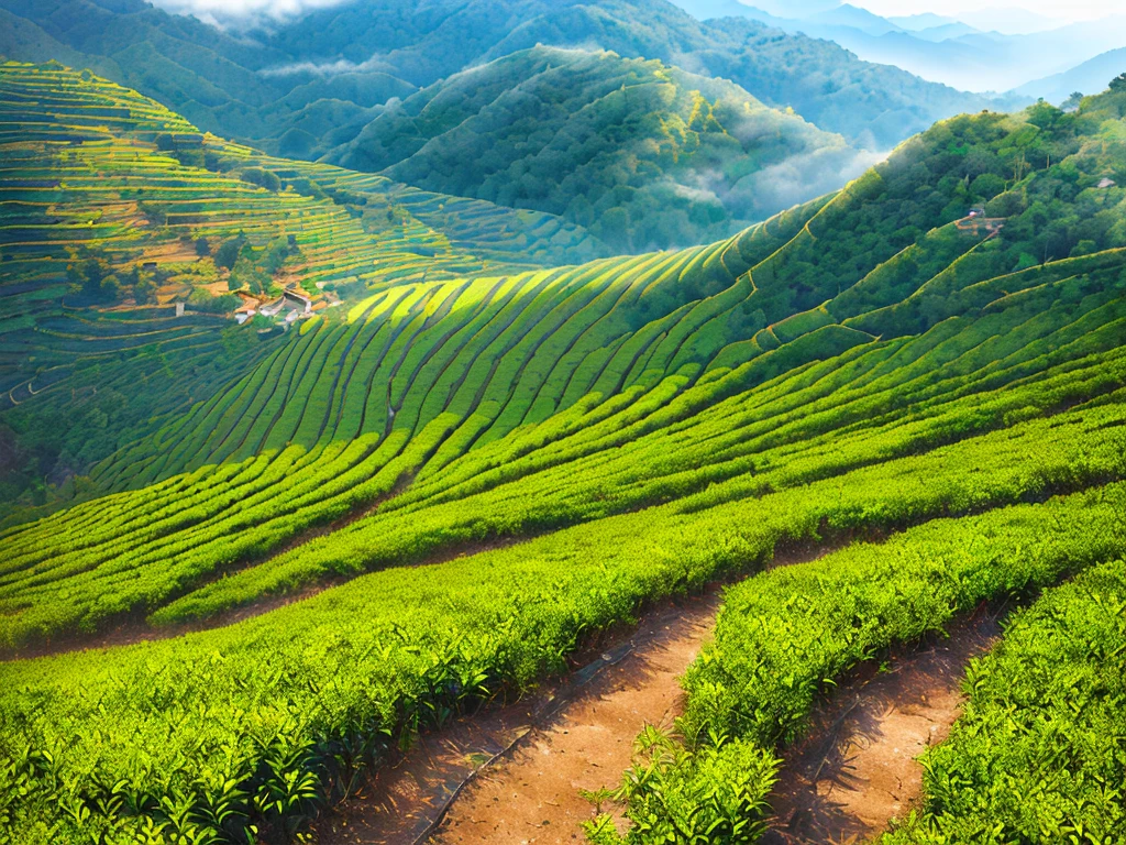 On the vast land，The tea mountains are like a magnificent green painting。Layers of tea trees，Like a carefully choreographed procession of dancers，Neat and rhythmic。Every tea tree is lush and green，The leaves sparkle with the luster of life under the caress of the sun，It&#39;s like the stars scattered by nature.。
Looking from afar，The rolling tea mountains，Like a green ocean，A gentle breeze passes，Raise layers of green waves，Make a rustling sound，As if whispering the story of the years。Walking on the trail among the tea mountains，The fresh scent of tea fills the air，Refreshing。It is a unique scent mixed with the fragrance of soil and plants，Intoxicating。
On the tea hill，Ancient tea trees with tangled roots，The branches are thick，Witnessed the passage of time and the changing of seasons。They are like the guardians of this land.，Silently sticking to his mission。The newly planted tea trees are full of vitality and vigor.，The tender green buds are eager to stretch out，Showing the vigorous power of life。
At dawn，The tea mountain is covered by a thin layer of mist，Like a dream。The sun gradually penetrates the clouds，Sprinkle on tea tree，Light and shadow，Create beautiful pictures。At dusk，The afterglow of the setting sun dyes the tea mountains orange-red，Adding a touch of warmth and romance to this peaceful land。