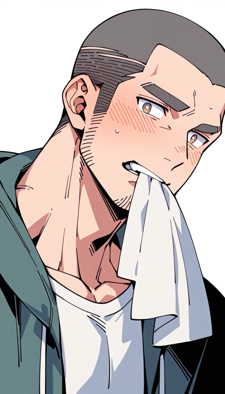 anime characters：Priapus, Muscle Sports Student, Buzz Cut, Manliness, male focus, Sports tight hooded sweatshirt, Very tight, full and perky chest muscles, muscular male, muscular, only, Upper body, alone, Black short hair, Thick eyebrows, stubble, Brown-red pupils, White background, simple background, amazing quality, best aesthetics, Ridiculous, crew cut, blush, mouth hold, Mouth biting a white towel, embarrassed, shy, endured face, negative space, best quality