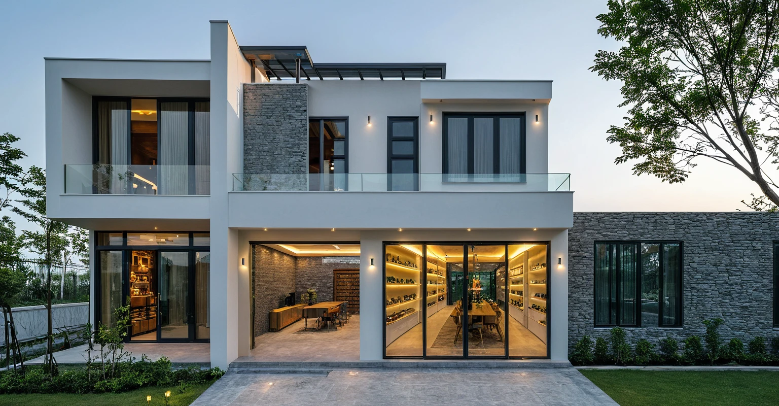 Two-storey townhouse, minimalist architecture, modern house, brightly painted walls, stone wall accents, xingfa aluminum glass doors. The canopy is made of resistant iron glass. In the afternoon light, the construction lights are turned on and you can see furniture, the first floor is for business, the second floor is residential. realistic representation. surrealist house