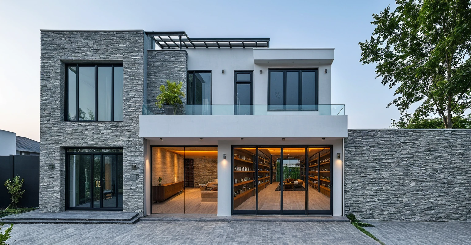 Two-storey townhouse, minimalist architecture, modern house, brightly painted walls, stone wall accents, xingfa aluminum glass doors. The canopy is made of resistant iron glass. In the afternoon light, the construction lights are turned on and you can see furniture, the first floor is for business, the second floor is residential. realistic representation. surrealist house