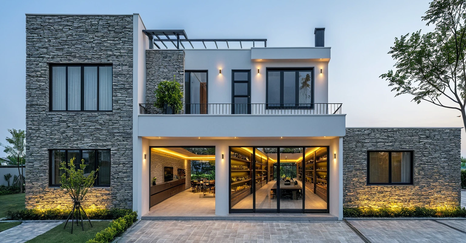 Two-storey townhouse, minimalist architecture, modern house, brightly painted walls, stone wall accents, xingfa aluminum glass doors. The canopy is made of resistant iron glass. In the afternoon light, the construction lights are turned on and you can see furniture, the first floor is for business, the second floor is residential. realistic representation. surrealist house