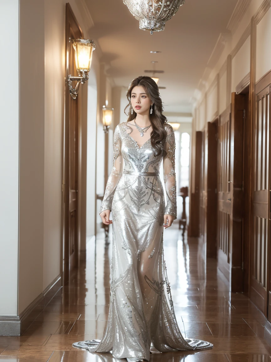 best quality,masterpiece,ultra high resolution,(In fact:1.4),original photo,ultra high resolution,8k,There is a woman,fashion,winter,confident and beautiful,calm temperament,whole body,distance,long legs,((hair with loose waves inside:1.2)),((Silver Necklace_big earrings:1.2)),((very long brown hair:1.2))、((Strongly blurred beautiful office hallway background:1.1)、The most natural and perfect office hallway、Perfectly organized hallway、((Flowing white dress decorated with intricate silver embroidery_long sleeves_thin:1.3))