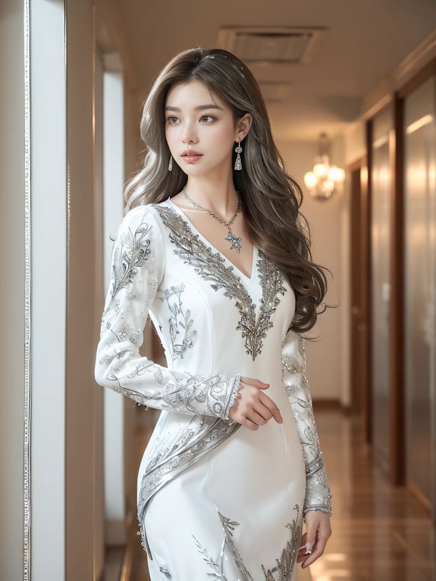best quality,masterpiece,ultra high resolution,(In fact:1.4),original photo,ultra high resolution，8k，There is a woman，fashion，winter，confident and beautiful，calm temperament，whole body，distance，long legs,((hair with loose waves inside:1.2)),((Silver Necklace＿big earrings:1.2)),((very long brown hair:1.2))、((Strongly blurred beautiful office hallway background:1.1)、The most natural and perfect office hallway、Perfectly organized hallway、((Flowing white dress decorated with intricate silver embroidery_long sleeves_thin:1.3))