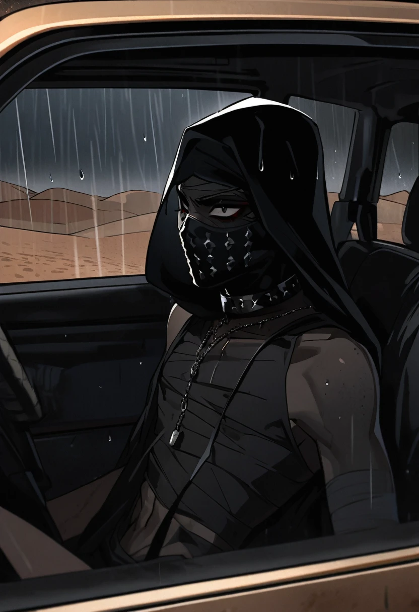 Male arab modern terrorist, terrorist, black balaclava, black bandage, black clothes, thin waist, skinny body, femboy, light skin, makeup, black eyeliner, big eyelashes, black eyeshadow, metal choker, light tanned skin, inside the car, desert, rain, night