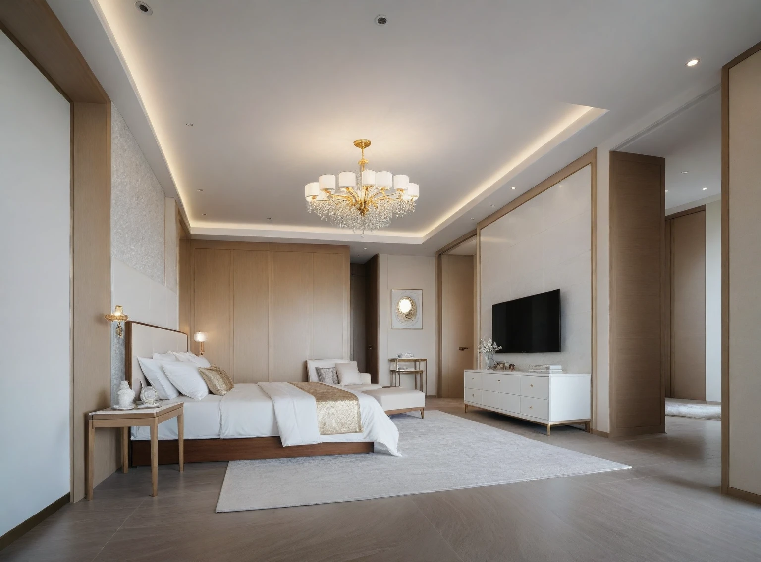 ,Masterpiece, Best quality,8K, Ultra-high resolution,When you step into the ((( bedroom : 1.3 ))) ,Immediately surrounded by a rich atmosphere of luxury. The space was covered with a soft white fluffy blanket,It is so comfortable,So much so that you can't help but indulge in it。Embellished with precious porcelain and white-off gold ornaments。Whenever it is late afternoon,The afterglow from the window spilled on the floor,Soft light and shadow are reflected,It was as if entering a dreamland. ((Wooden chair and table : 1.3)),