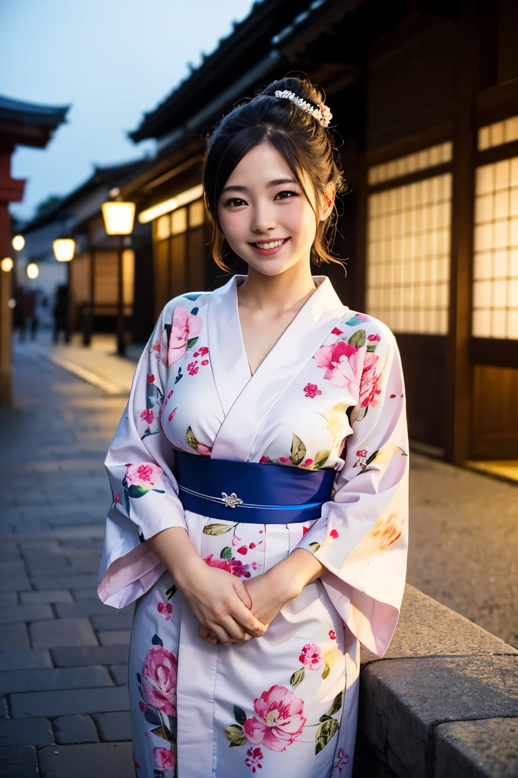 ((Highest quality)), ((masterpiece)), (detailed), One girl,Floral Yukata,Voluptuous,30s,japanese,Kyoto at Night,Cobblestones,shyly smile,