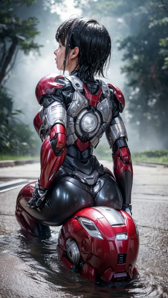 Highest quality 8k Iron Man Suit Girl Sweaty face cute short hair boyish Steam coming from the head My hair is wet with sweat Black Hair From below,Butt focus, ,)),((Wet pussy:1.2)),(bare hands),Crying face,((From behind:1.2)),((Butt)),((On all fours:1.2)),(Buttを高く上げましょう:1.2)、Buttを広げる From belowのアングル