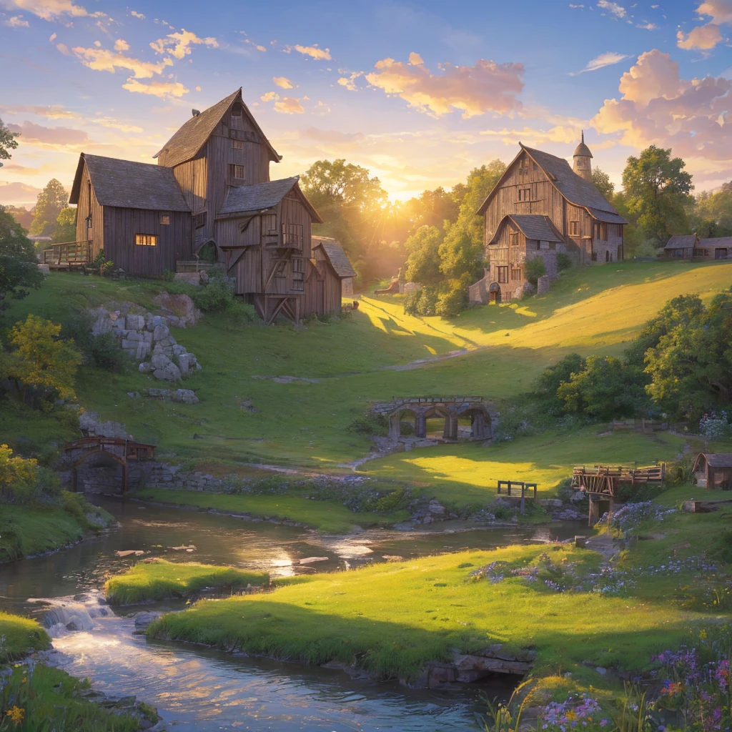 a beautiful old wooden mill, a windmill in a peaceful countryside landscape, a rustic watermill by a stream, rolling green hills, fluffy white clouds, golden sunlight, detailed architecture, intricate wooden gears and mechanisms, mossy rocks, lush foliage, serene atmosphere, (best quality,4k,8k,highres,masterpiece:1.2),ultra-detailed,(realistic,photorealistic,photo-realistic:1.37),landscape,cinematic lighting,vibrant colors,dramatic shadows