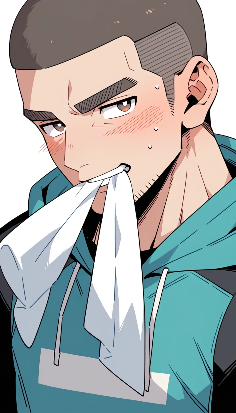 anime characters:Muscle movers, Muscle Sports Student, Buzz Cut, Manliness, male focus, Sports tight hooded sweatshirt, Very tight, full and perky chest muscles, muscular male, muscular, only, Upper body, alone, Black short hair, Thick eyebrows, stubble, Brown-red pupils, White background, simple background, amazing quality, best aesthetics, Ridiculous, crew cut, blush, mouth hold, Mouth biting a white towel, embarrassed, shy, endured face, negative space, best quality