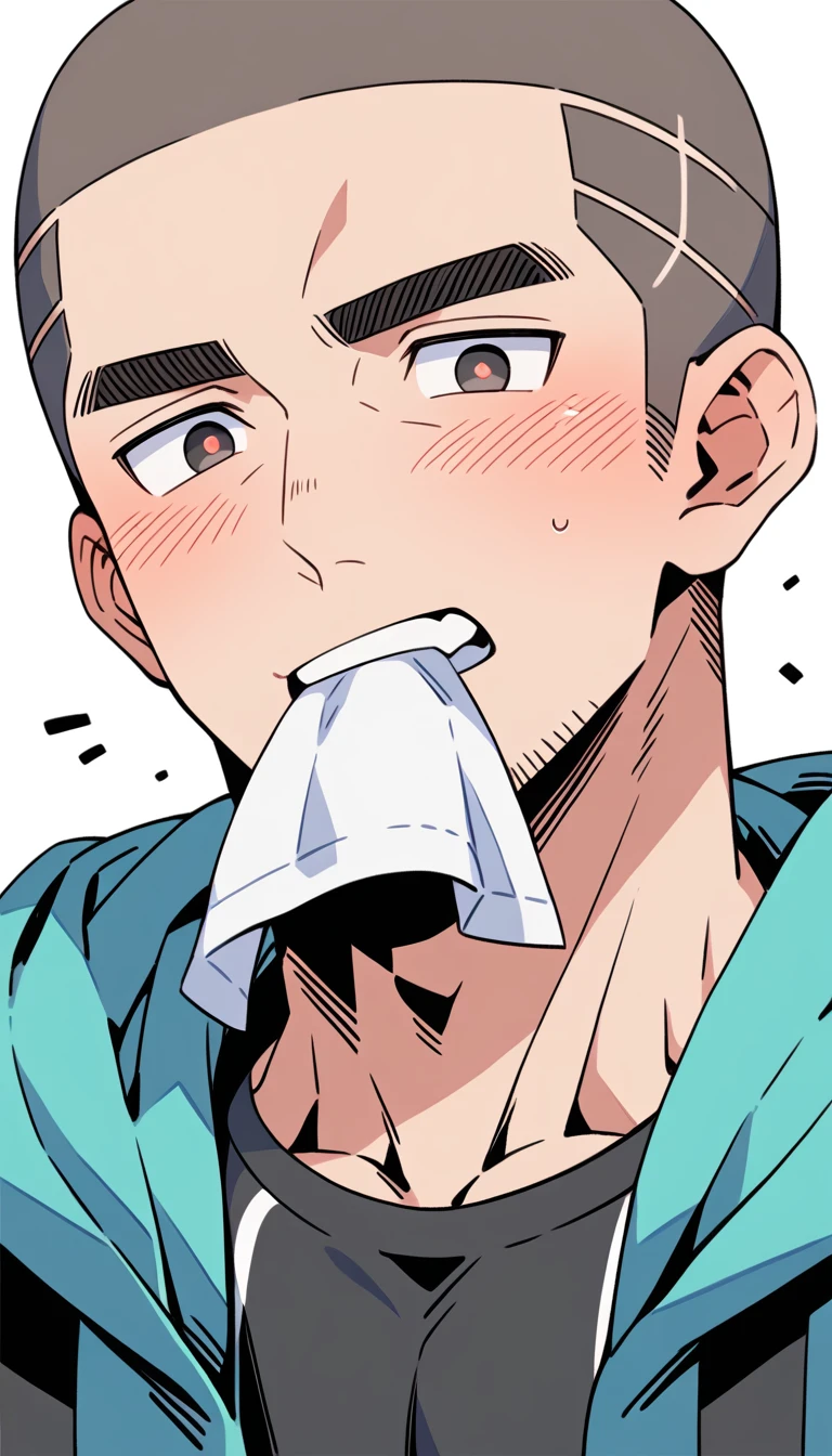 anime characters:Muscle movers, Muscle Sports Student, Buzz Cut, Manliness, male focus, Sports tight hooded sweatshirt, Very tight, full and perky chest muscles, muscular male, muscular, only, Upper body, alone, Black short hair, Thick eyebrows, stubble, Brown-red pupils, White background, simple background, amazing quality, best aesthetics, Ridiculous, crew cut, blush, mouth hold, Mouth biting a white towel, embarrassed, shy, endured face, negative space, best quality