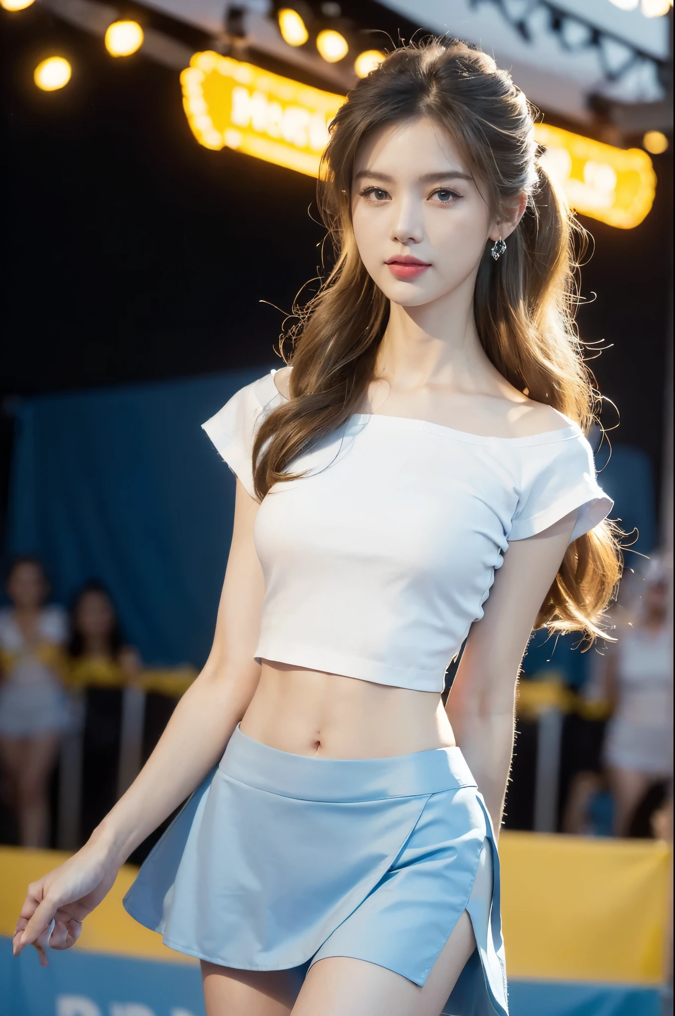 (((best quality))),(((ultra detailed))),(((masterpiece))),illustration,((a beautiful girl,solo)),(shoulder length straight hair:1.2),((slim,thin)),((small breasts,flat chest,claviclis,navel)),(blue short-sleeved white shirt:1.5),(blue mini-skirt:1.3),(slender legs:1.2),(sneakers:1.3),(standing:1.3),(arms behind back:1.3),(on the stage:1.3),((outside a shopping mall, at the entrance of a beer promotional event)),((surrounded by crowded crowds)),((hair and skirt fluttering in the air)),expressive eyes,infectious smile,the stage adorned with colorful decorations,vibrant atmosphere,(night scene:1.3),(from front:1.3),(full body:1.3),