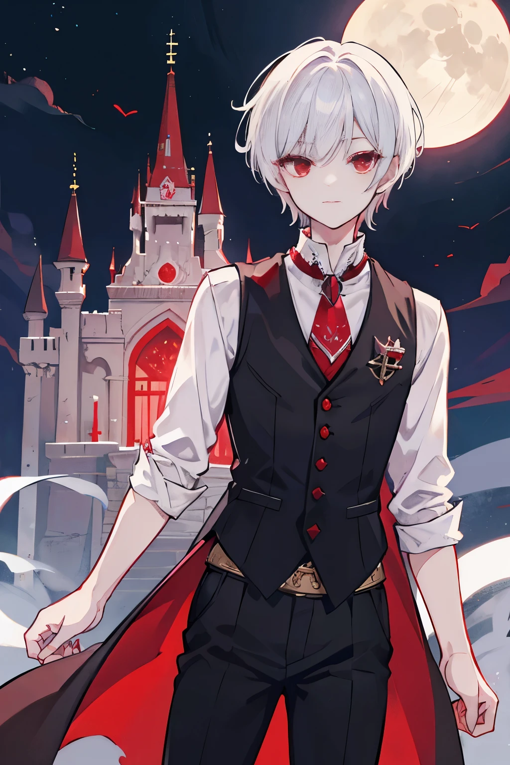 night、full moon、Western-style castle、White short hair、Red eyes、White Shirt、Red Gemstone Brooch、black suit vest、Black trouserale性、youth、male、maleの子
