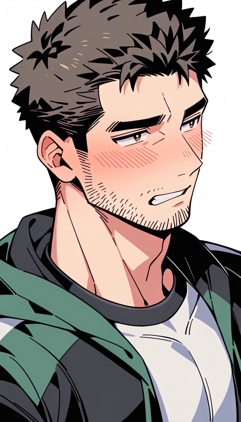 anime characters:Chris Redfield, Muscle Sports Student, Buzz Cut, Manliness, male focus, Sports tight hooded sweatshirt, Wear a black high-necked tights inside, Very tight, full and perky chest muscles, muscular male, muscular, only, Upper body, alone, Red short hair, Thick eyebrows, stubble, Brown-red pupils, White background, simple background, amazing quality, best aesthetics, Ridiculous, crew cut, parted lips, flustered, endured face, shy, blush, negative space, best quality