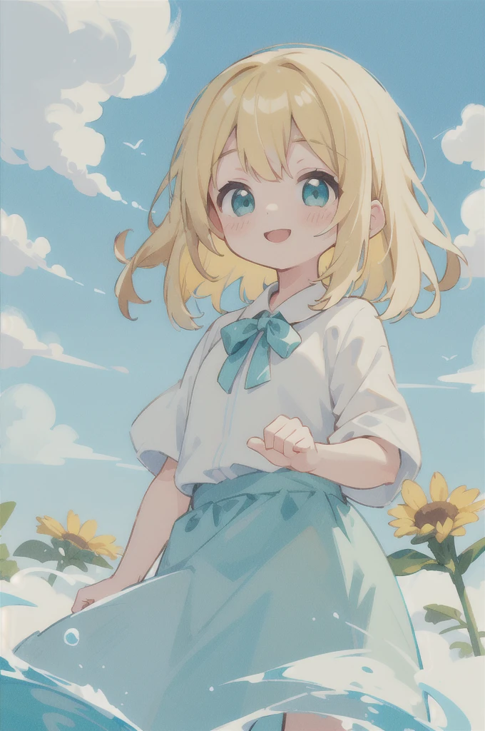 masterpiece, best quality, cute, kawaii, 1girl, solo, blonde hair, aqua eyes, smile, sunny, cloudy sky,