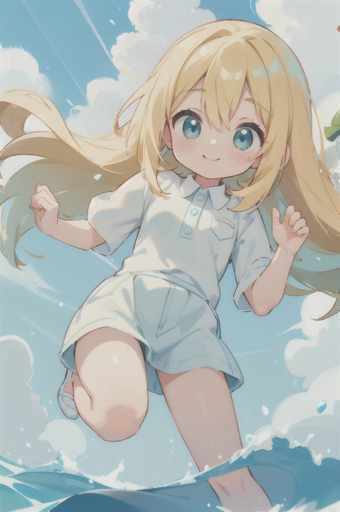 masterpiece, best quality, cute, kawaii, 1girl, solo, blonde hair, aqua eyes, smile, sunny, cloudy sky,
