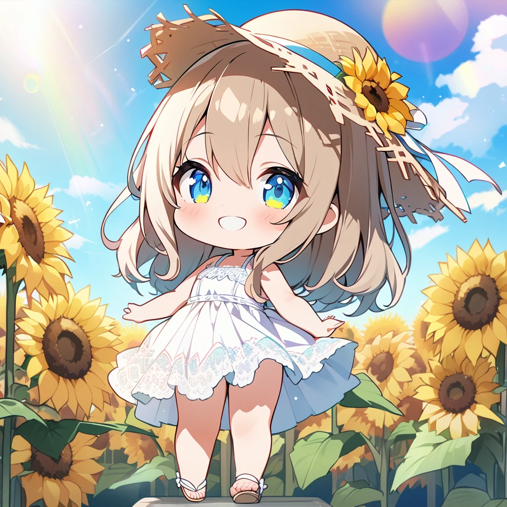 masterpiece, best quality, 4k、2D illustration, one beautiful girl, solo、(((chibi style)))、((vivid colors))、cute chibi, lovely chibi、((colorful))、cute pose, ((long beautiful hair)), glossy light brown hair, hair between eyes, cute, beautifully detailed eyes、((lacy white summer dress))、((straw hat))、((hibiscus hair ornament)), flip-flops, ((happy smile))、((full body shot))、((sunflower field))、((gentle breeze))、((blue sky))、sunbeam, white light, ((lens flare)), ((high color saturation)),